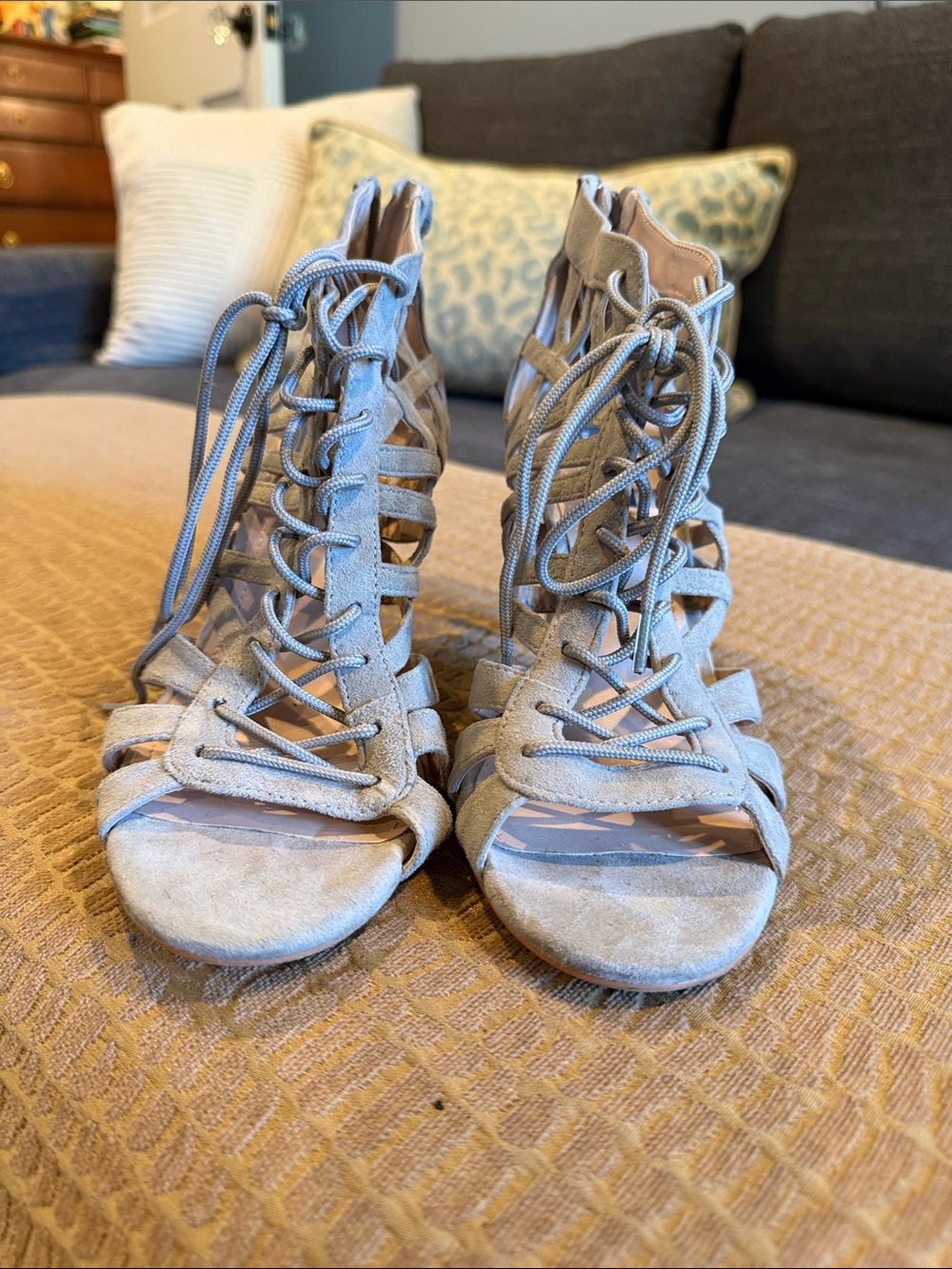 Saks Fifth Avenue Gray Suede Lace-Up Cutout Heeled Sandals